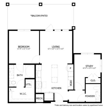 Rendering of the CH_A6 floor plan with 1 bedroom[s] and 1.5 bathroom[s] at The Chloe