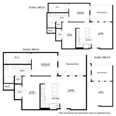 Rendering of the CH_A8 floor plan with 1 bedroom[s] and 1 bathroom[s] at The Chloe