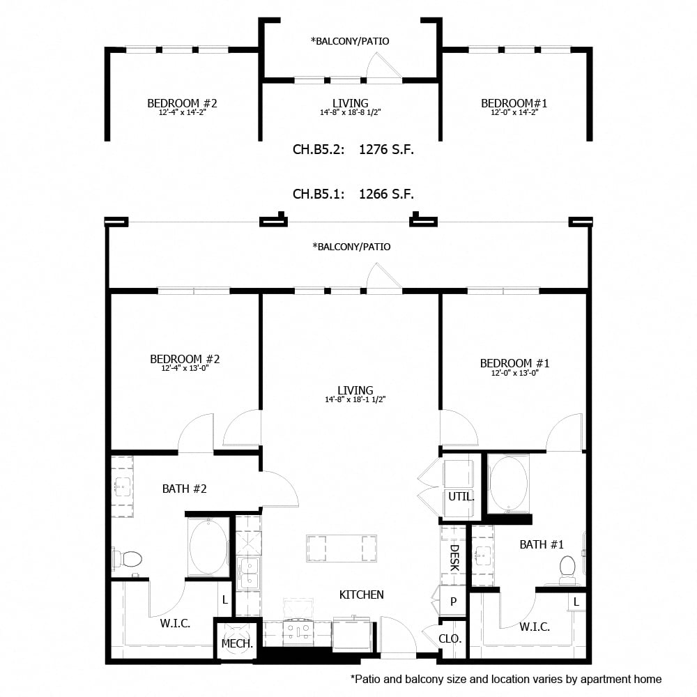 Rendering of the CH_B5 floor plan with 2 bedroom[s] and 2 bathroom[s] at The Chloe