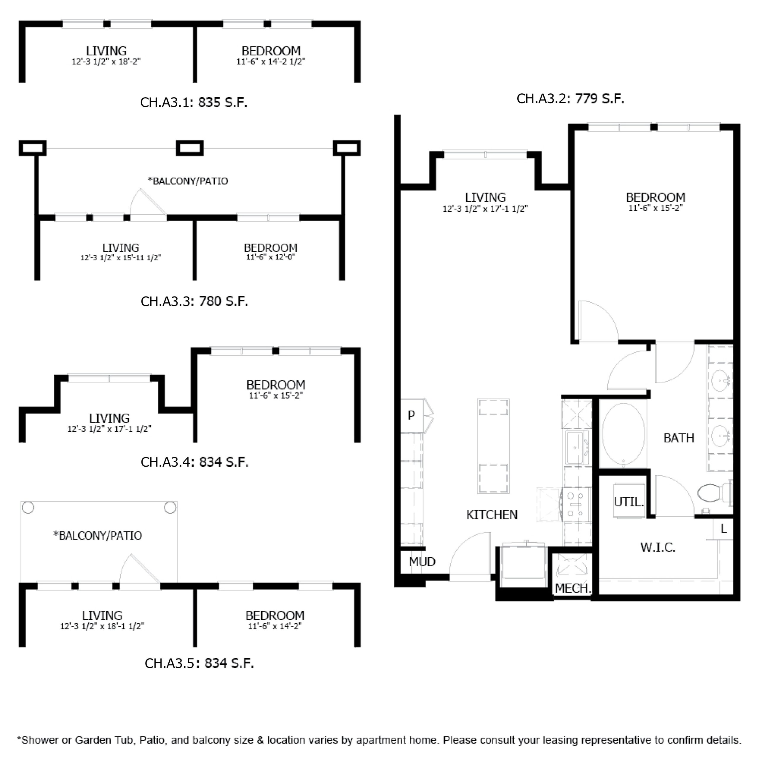 Rendering of the CH_A3 floor plan with 1 bedroom[s] and 1 bathroom[s] at The Chloe