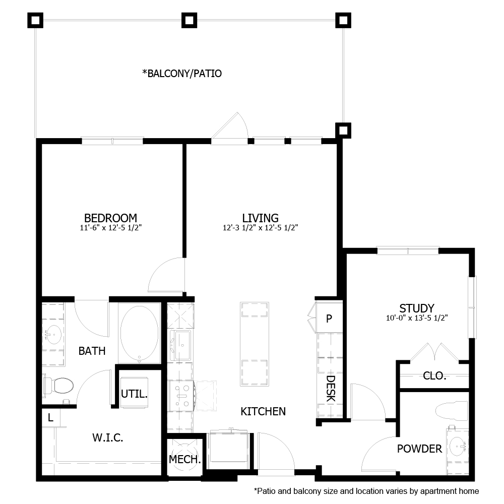 Rendering of the CH_A6 floor plan with 1 bedroom[s] and 1.5 bathroom[s] at The Chloe