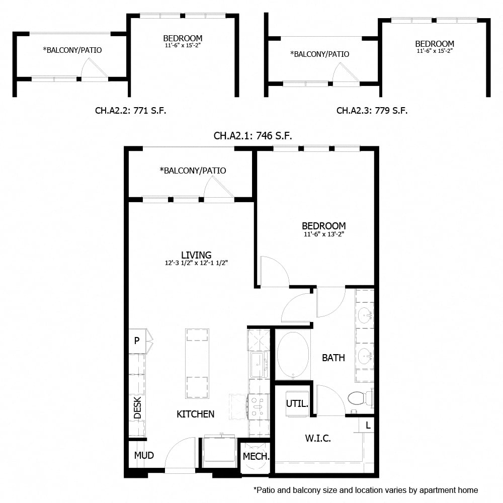 Rendering of the CH_A2 floor plan with 1 bedroom[s] and 1 bathroom[s] at The Chloe