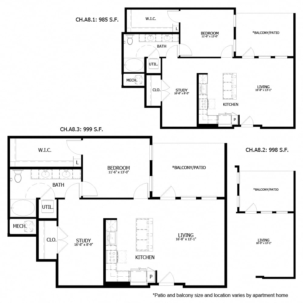 Rendering of the CH_A8 floor plan with 1 bedroom[s] and 1 bathroom[s] at The Chloe
