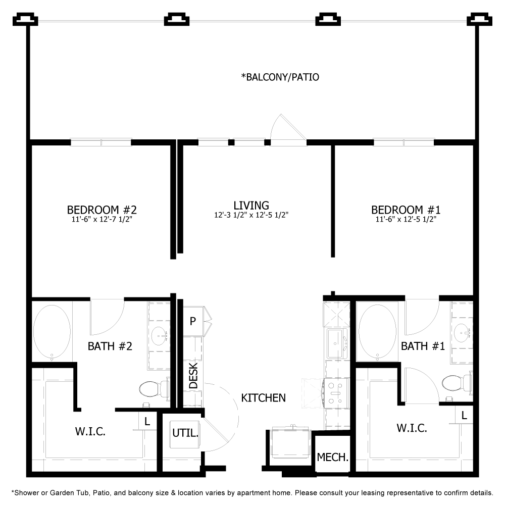 Rendering of the CH_B1 floor plan with 2 bedroom[s] and 2 bathroom[s] at The Chloe