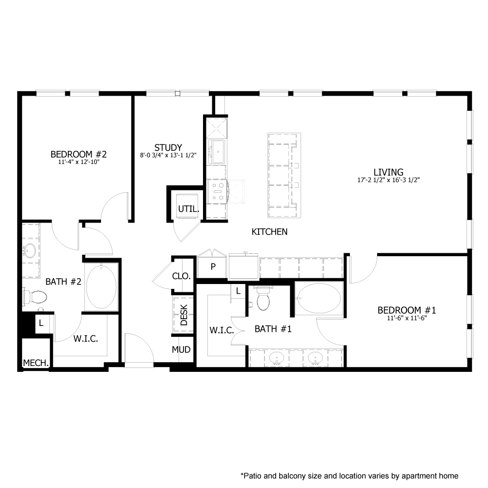 Rendering of the CH_B7 floor plan with 2 bedroom[s] and 2 bathroom[s] at The Chloe