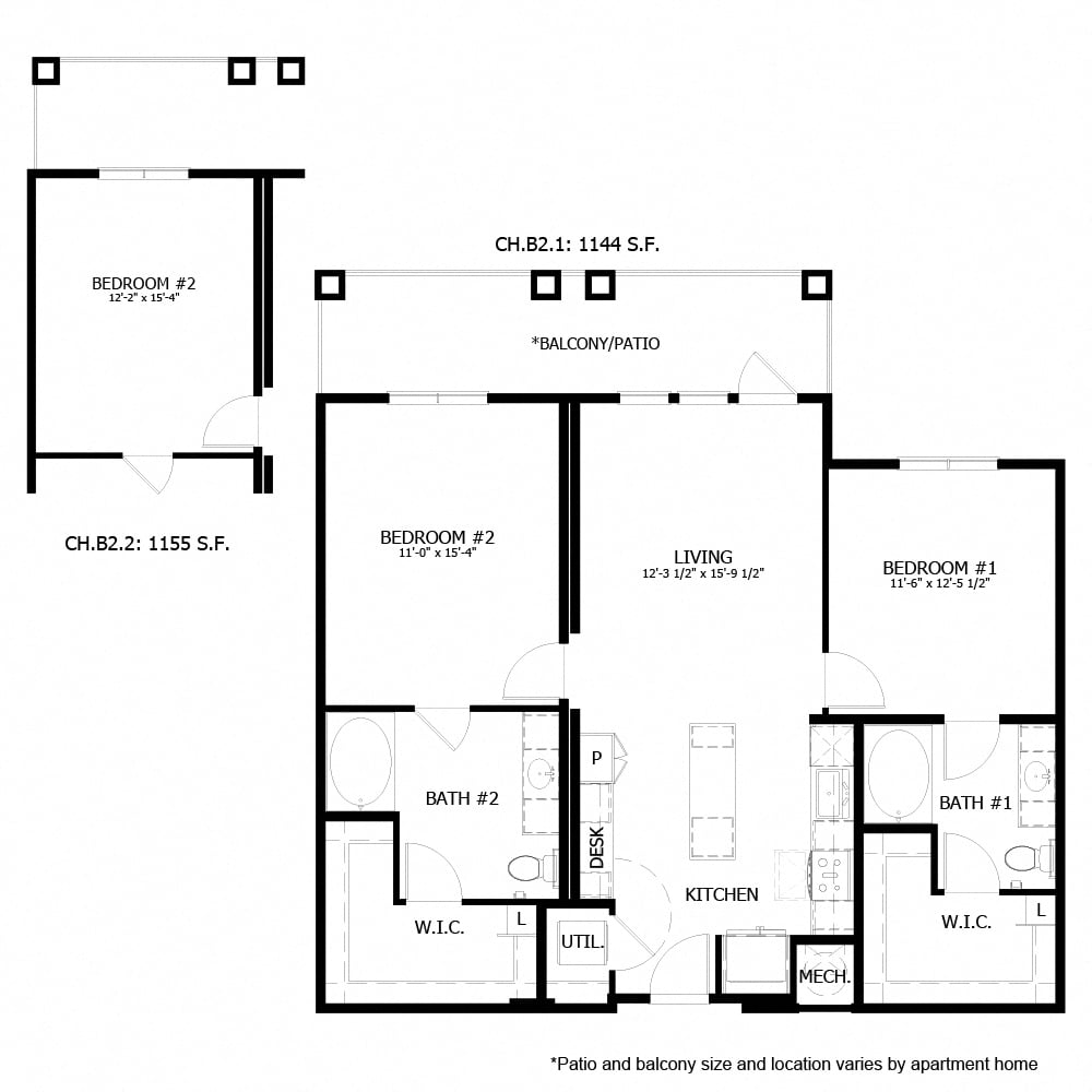 Rendering of the CH_B2 floor plan with 2 bedroom[s] and 2 bathroom[s] at The Chloe