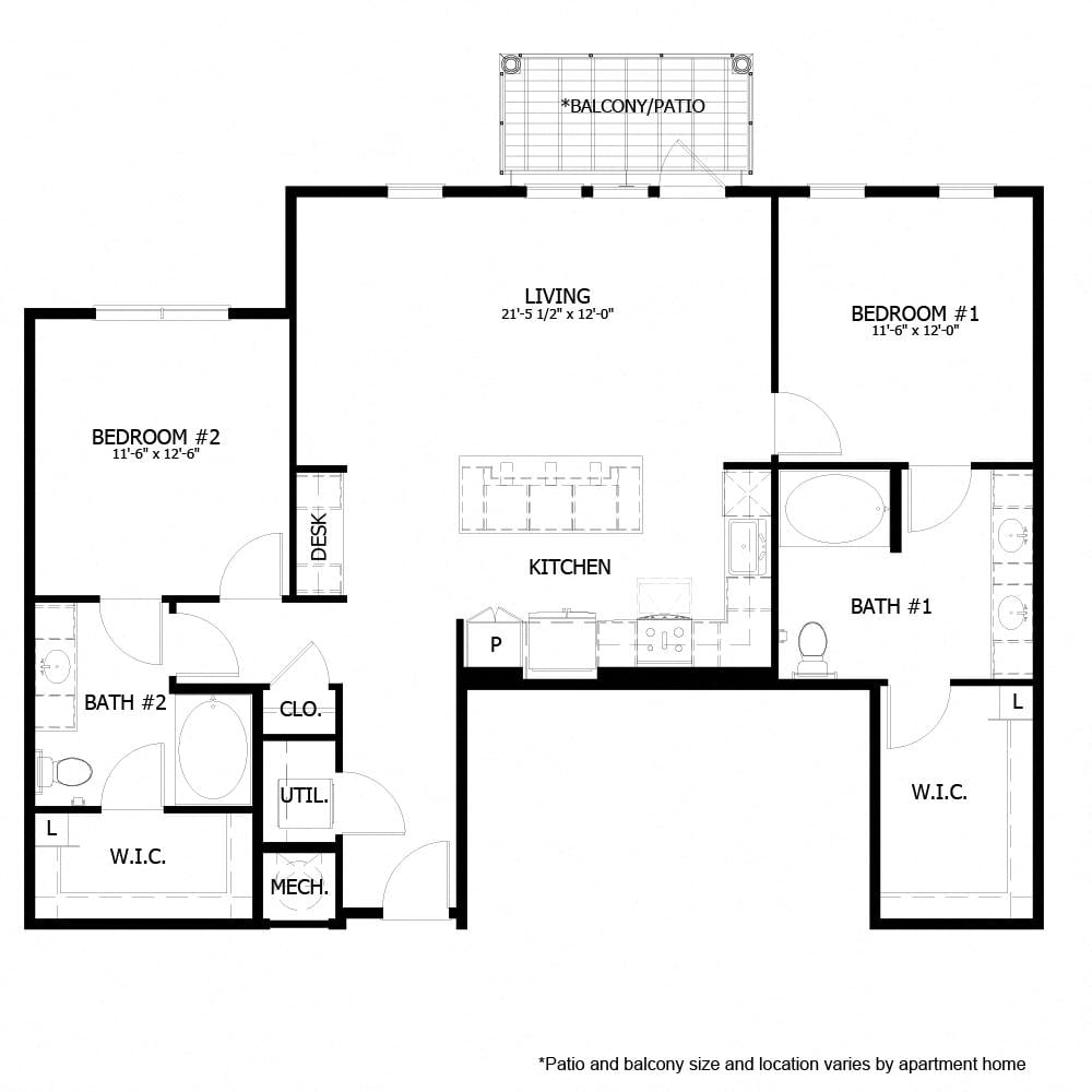 Rendering of the CH_B8 floor plan with 2 bedroom[s] and 2 bathroom[s] at The Chloe