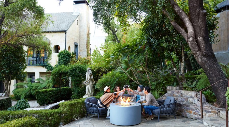 Group of friends doing toast with wine at hotel around fire pit